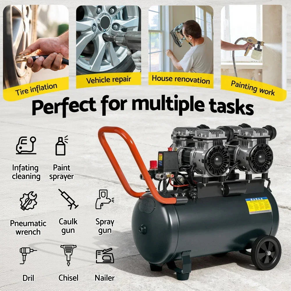 Large portable air compressor with handle and wheels, ideal for tire inflation, vehicle repair, painting, and home renovation tasks.
