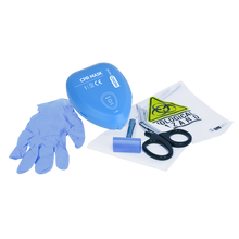 CPR mask kit with blue gloves, medical scissors, razor, and biohazard bag on white background