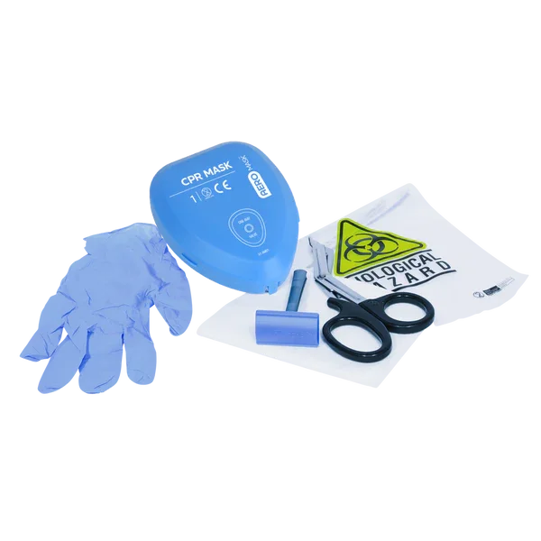 CPR mask kit with gloves, scissors, razor, and biohazard bag for first aid and emergency use