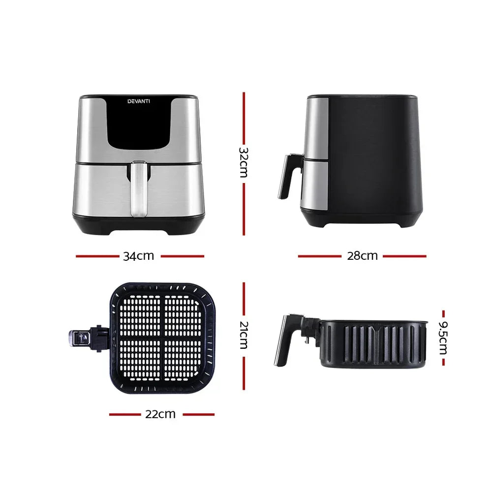 Stainless steel air fryer with handle shown from multiple angles and basket dimensions labeled.