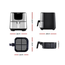Stainless steel air fryer with handle shown from multiple angles and basket dimensions labeled.