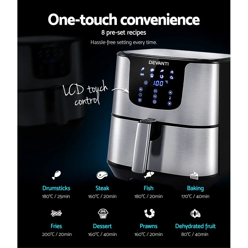 Stainless steel air fryer with LCD touch control, showing 8 preset cooking modes and recipes.