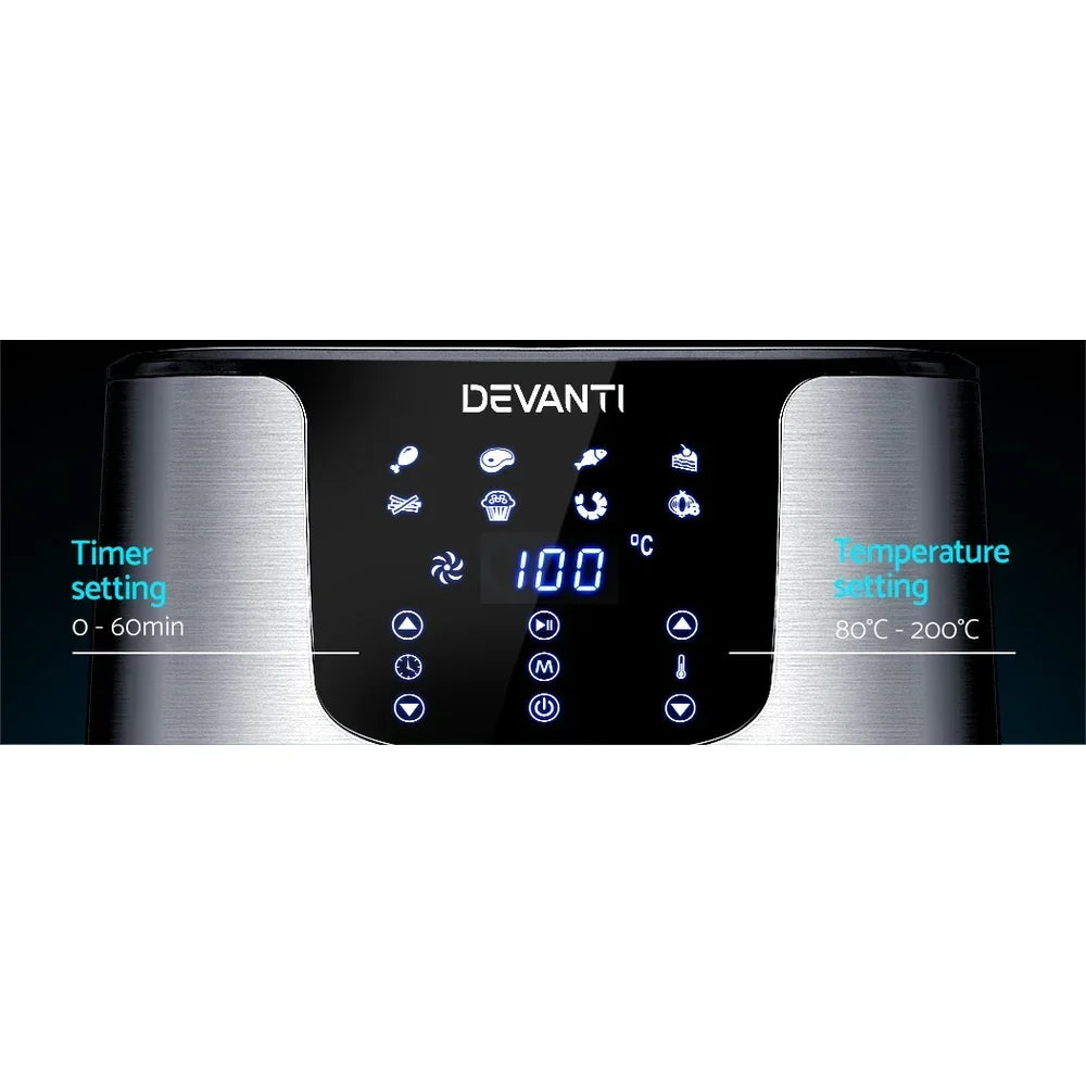 Digital air fryer control panel with LED display, timer, and temperature settings