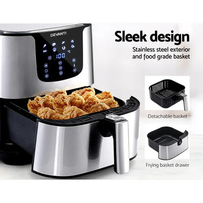 Stainless steel air fryer with fried chicken in detachable basket, digital display panel