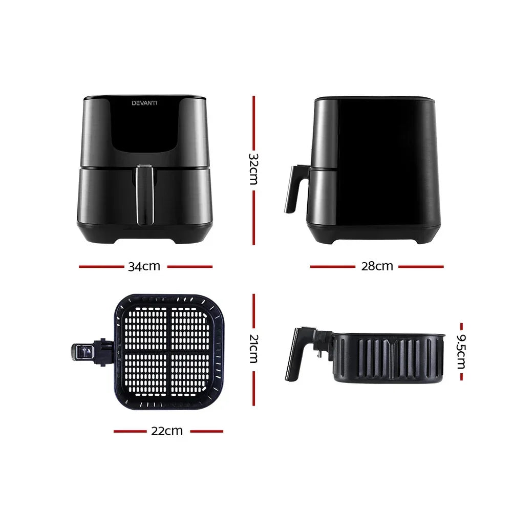 Black air fryer with handle shown from multiple angles and basket dimensions labeled in centimeters.