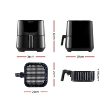 Black air fryer with handle shown from multiple angles and basket dimensions labeled in centimeters.