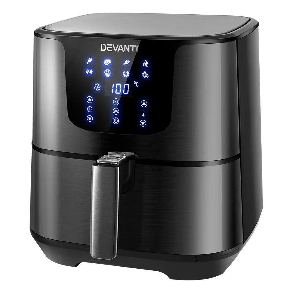 Black digital air fryer with touchscreen controls and display panel on front