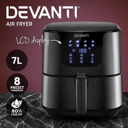 Black air fryer with LCD display, 7L capacity and 8 preset cooking programs on dark background.