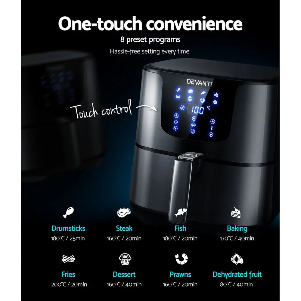 Black digital air fryer with LED touch control panel, showing 8 preset cooking functions.