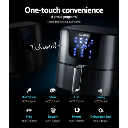 Black digital air fryer with LED touch control panel, showing 8 preset cooking functions.