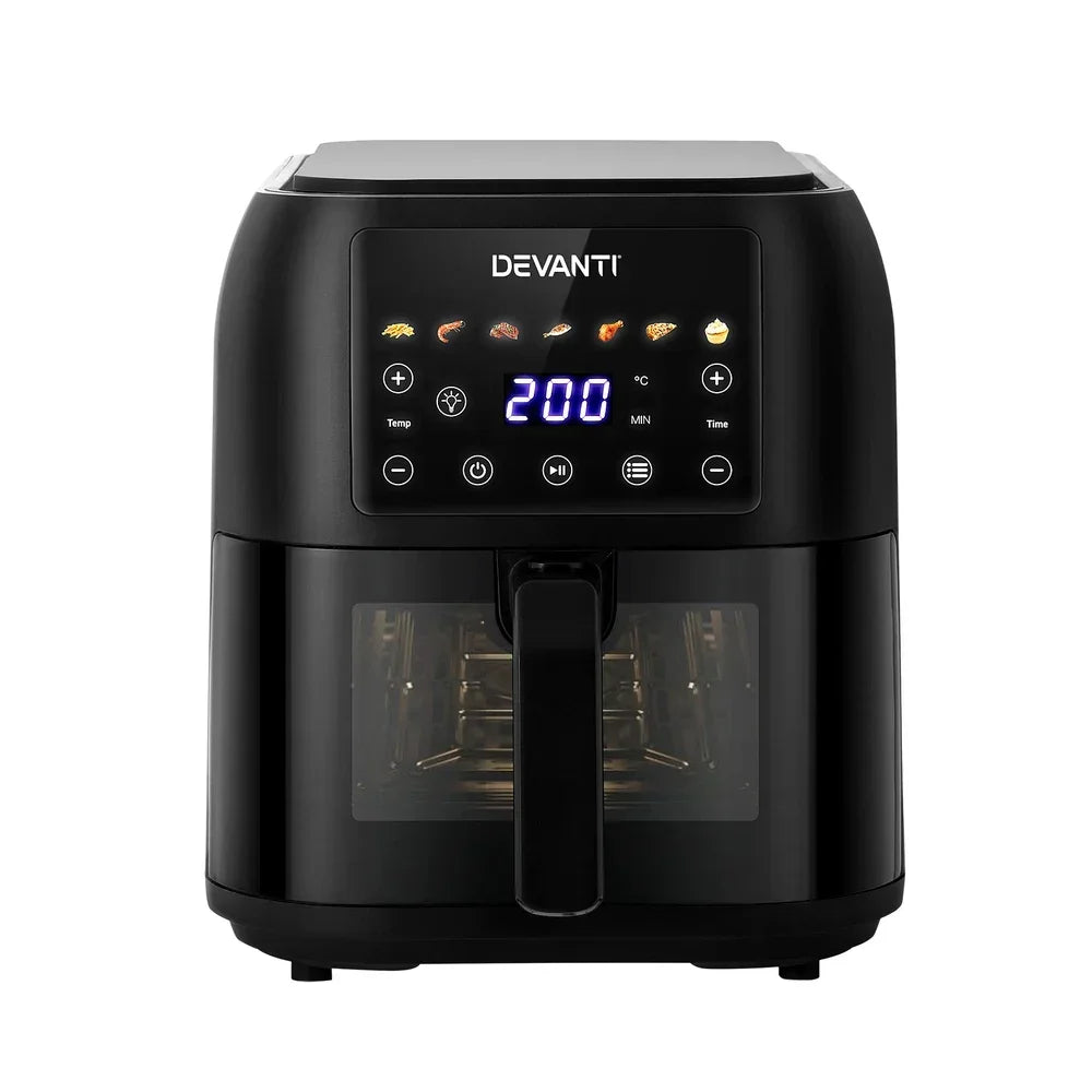 Black digital air fryer with LED display, touch controls, and front window.