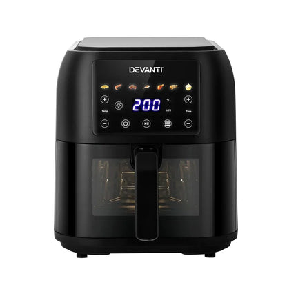 Black digital air fryer with LED display, touch controls, and front window.
