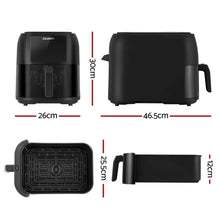 Black air fryer with handle, shown from multiple angles and labeled dimensions: 30x26x46.5 cm, basket 25.5x12 cm.