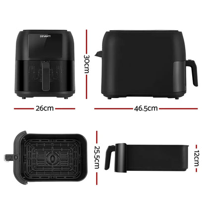 Black air fryer with handle, shown from multiple angles and labeled dimensions: 30x26x46.5 cm, basket 25.5x12 cm.