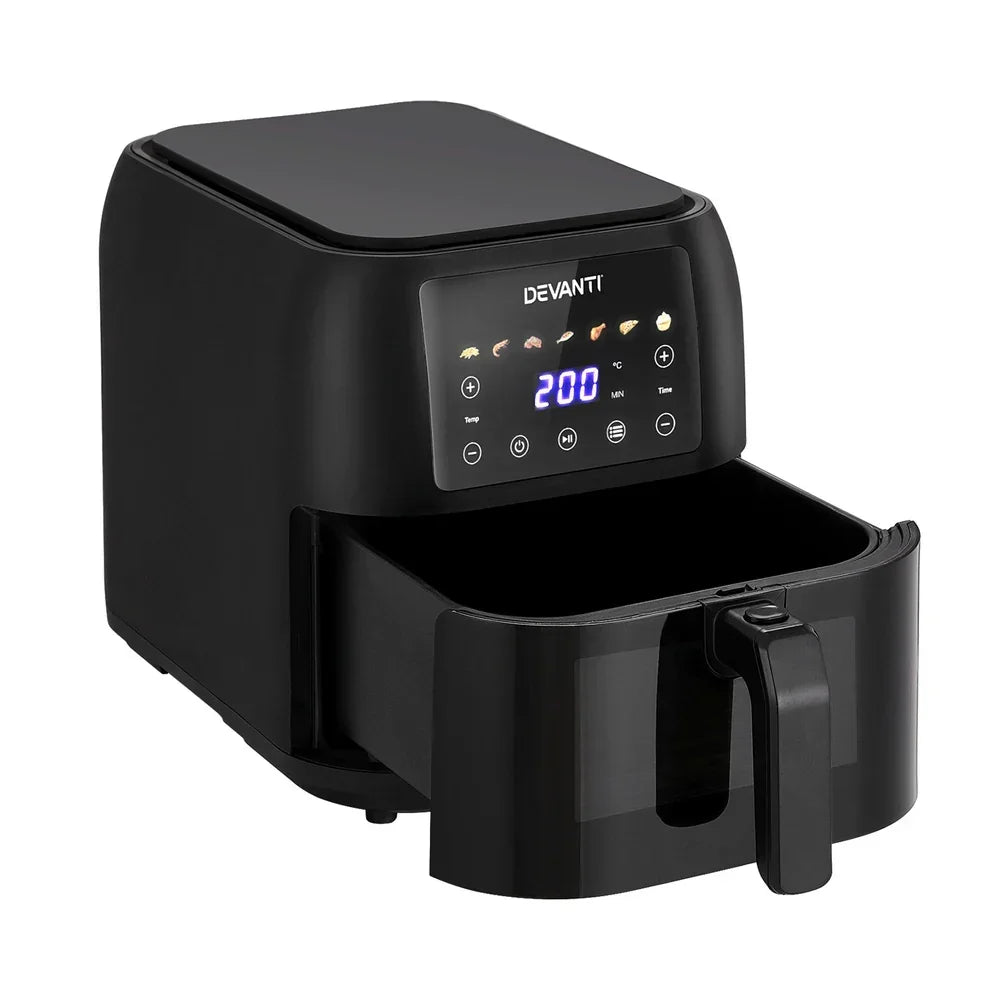 Black digital air fryer with open basket and LED display showing 200°C cooking temperature
