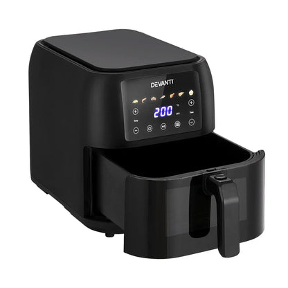 Black digital air fryer with open basket and LED display showing 200°C cooking temperature