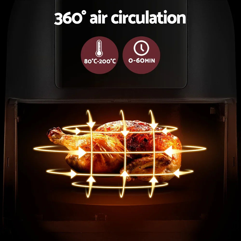 Whole roast chicken in air fryer with 360° hot air circulation, digital display, cooking icons