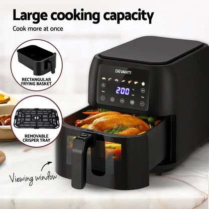 Black digital air fryer with large cooking capacity, viewing window, and removable crisper tray