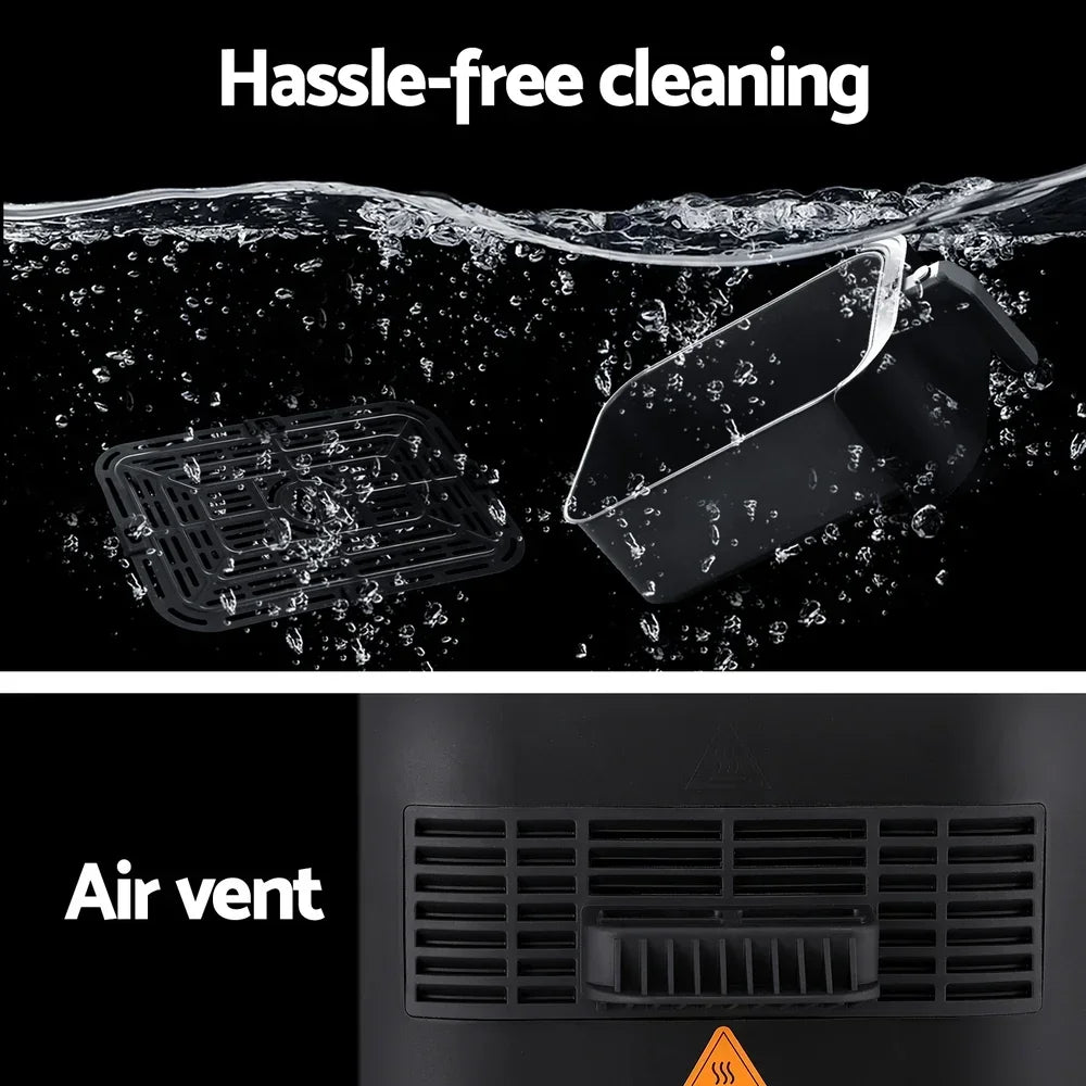 Easy-clean air fryer basket and tray submerged in water, close-up air vent on appliance.