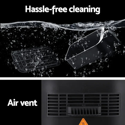 Easy-clean air fryer basket and tray submerged in water, close-up air vent on appliance.