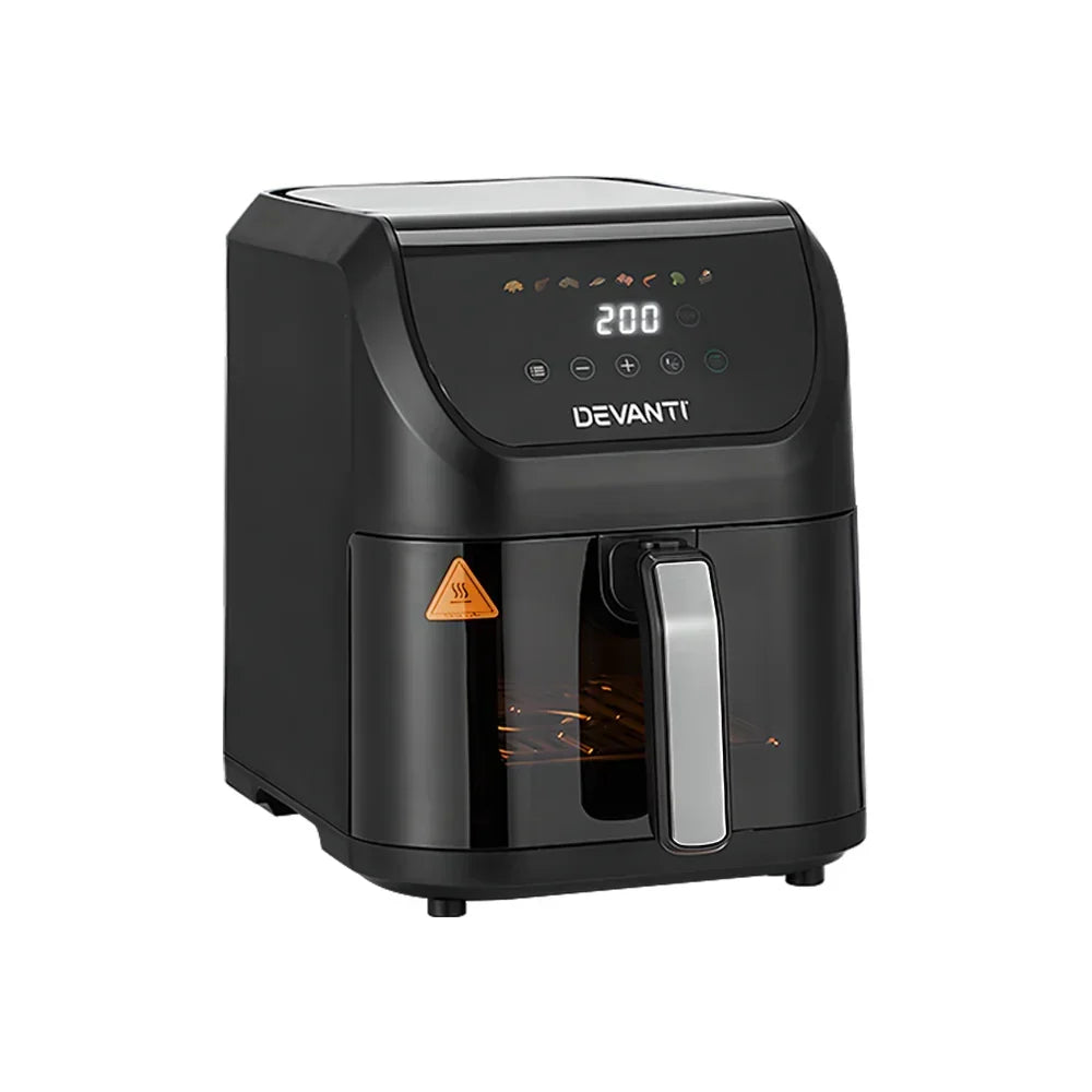 Black digital air fryer with LED display and handle, countertop kitchen appliance