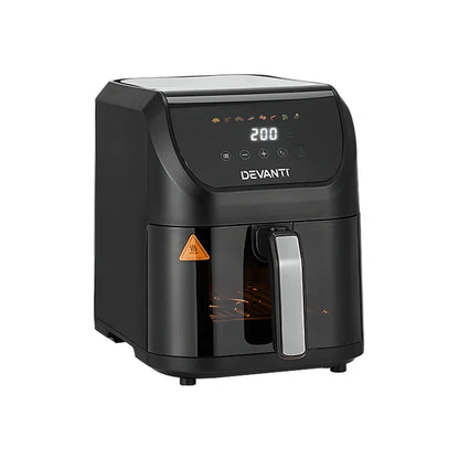 Black digital air fryer with LED display and handle, countertop kitchen appliance