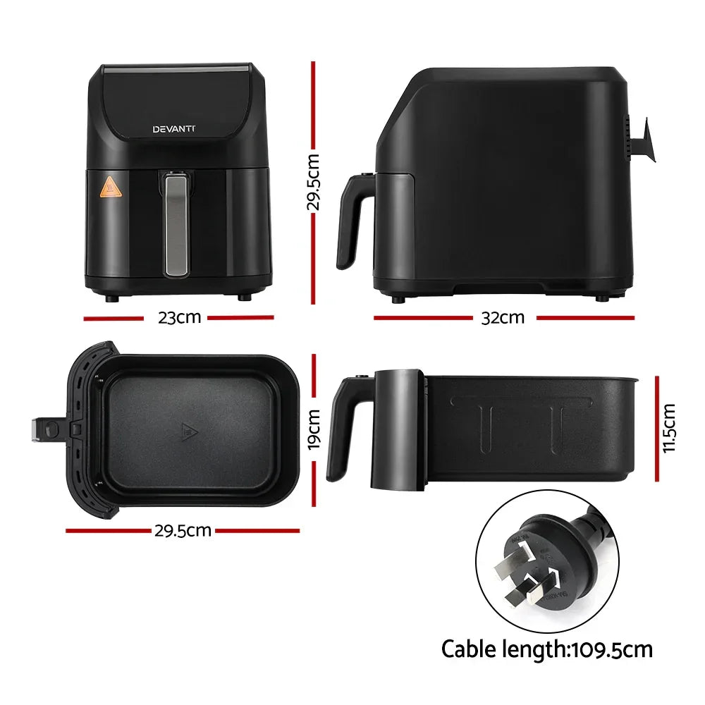 Black air fryer with handle, showing dimensions and plug type, kitchen appliance product photo.