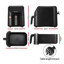 Black air fryer with handle, showing dimensions and plug type, kitchen appliance product photo.