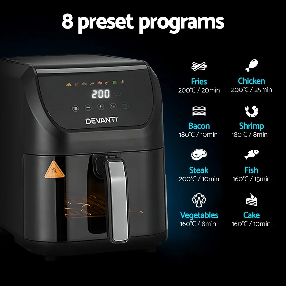 Black digital air fryer with 8 preset cooking programs and LED touch controls shown.