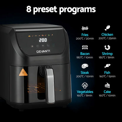 Black digital air fryer with 8 preset cooking programs and LED touch controls shown.
