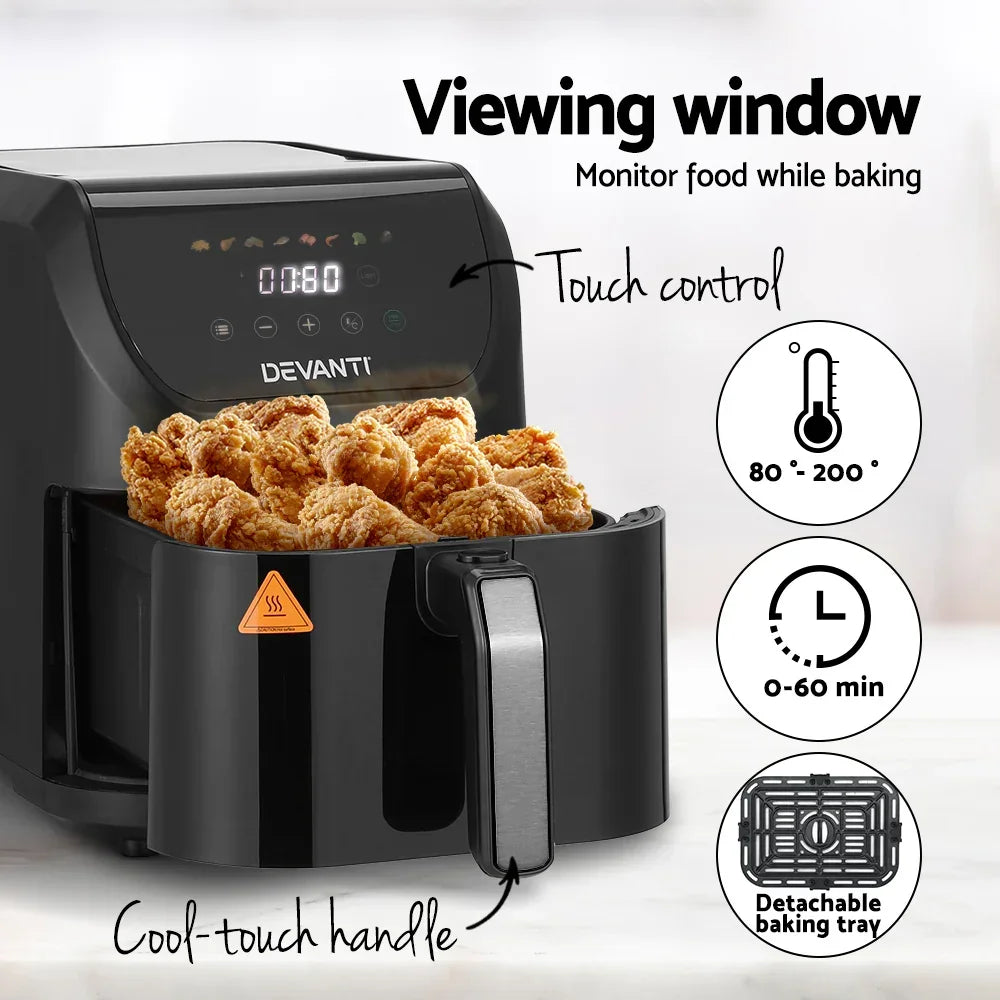 Black digital air fryer with touch controls, cool-touch handle, viewing window, and basket of fried chicken.