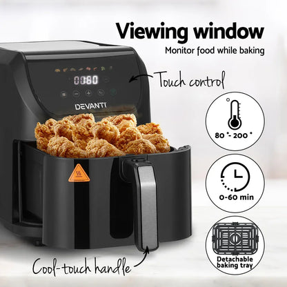 Black digital air fryer with touch controls, cool-touch handle, viewing window, and basket of fried chicken.
