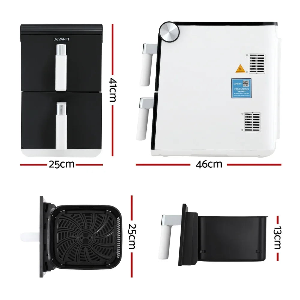 Dual drawer air fryer with handles, shown from multiple angles with measurements