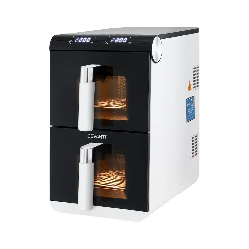 Dual drawer digital air fryer oven with LED display, white and black modern kitchen appliance.