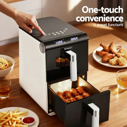 Modern air fryer with digital display and one-touch controls, cooking chicken wings and fries