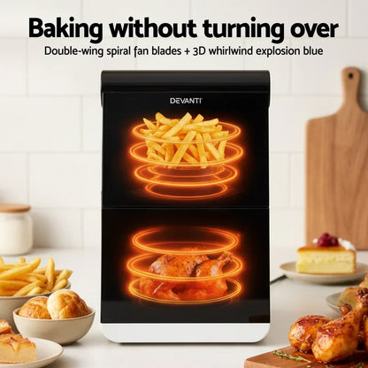 Black air fryer with fries and roasted chicken inside, glowing cooking rings, kitchen counter