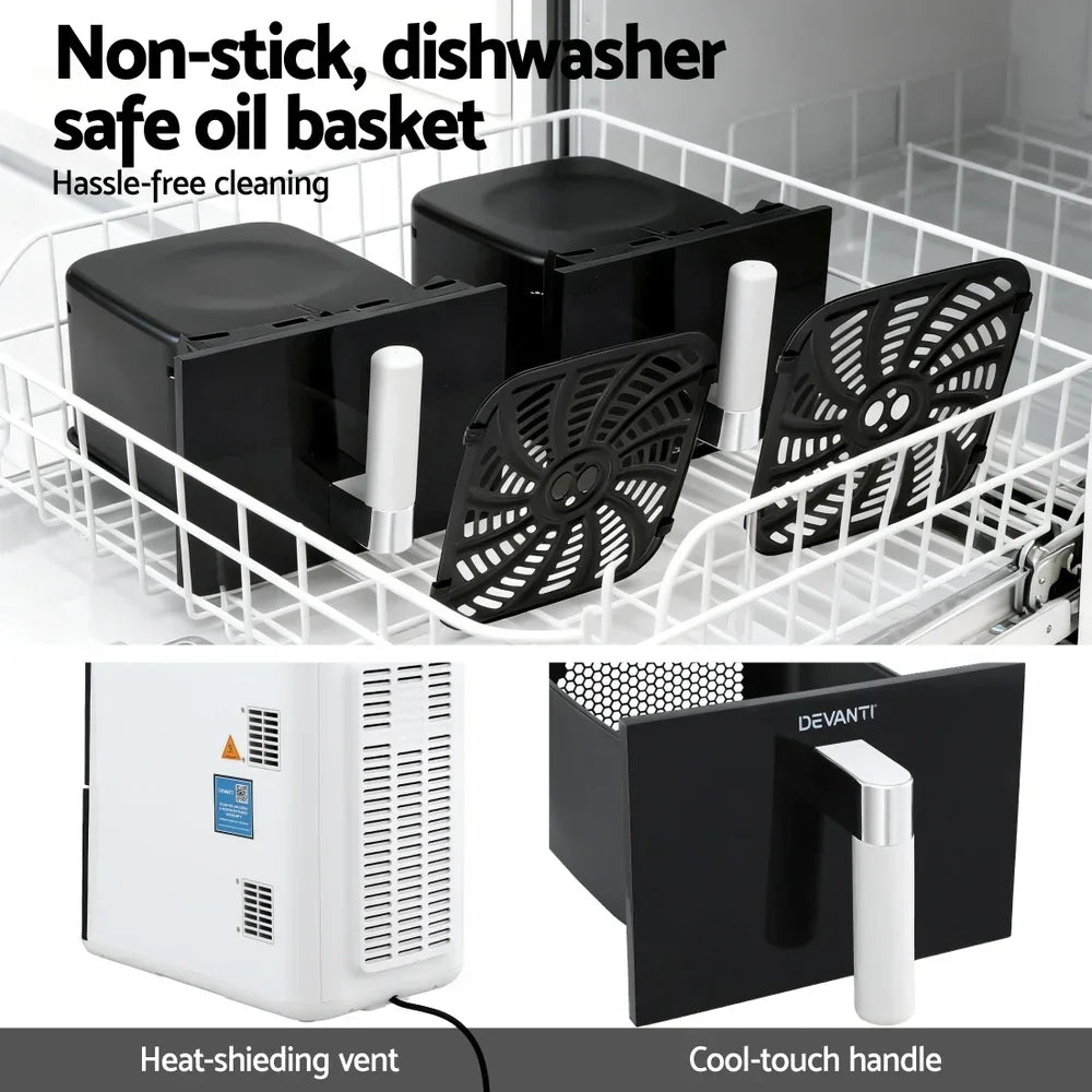 Non-stick, dishwasher safe air fryer oil baskets with cool-touch handles and heat-shielding vent.