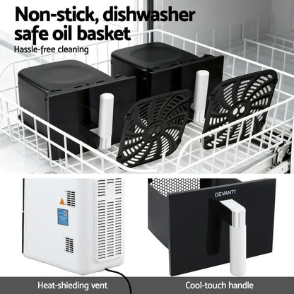 Non-stick, dishwasher safe air fryer oil baskets with cool-touch handles and heat-shielding vent.