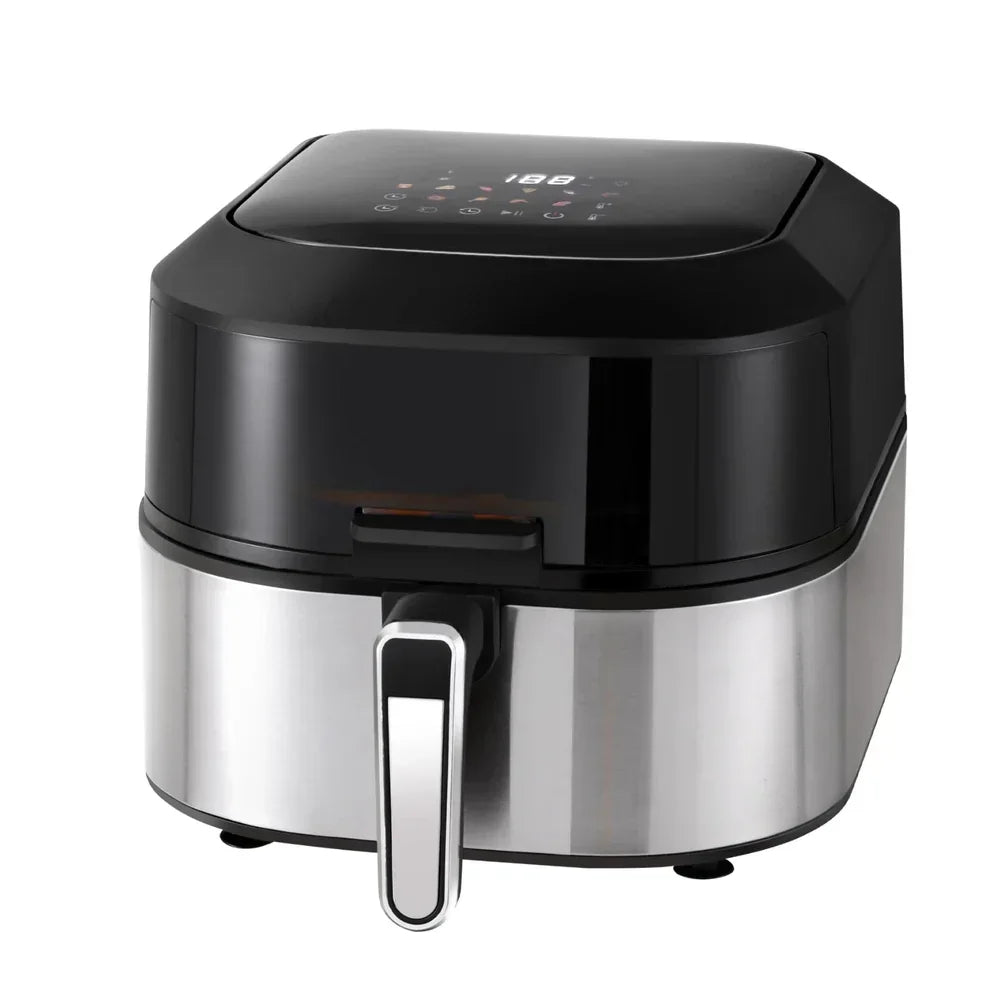 Stainless steel digital air fryer with touch control panel and black accents