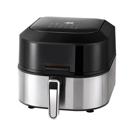 Stainless steel digital air fryer with touch control panel and black accents