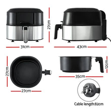 Stainless steel air fryer with handle, shown from multiple angles and dimensions labeled.