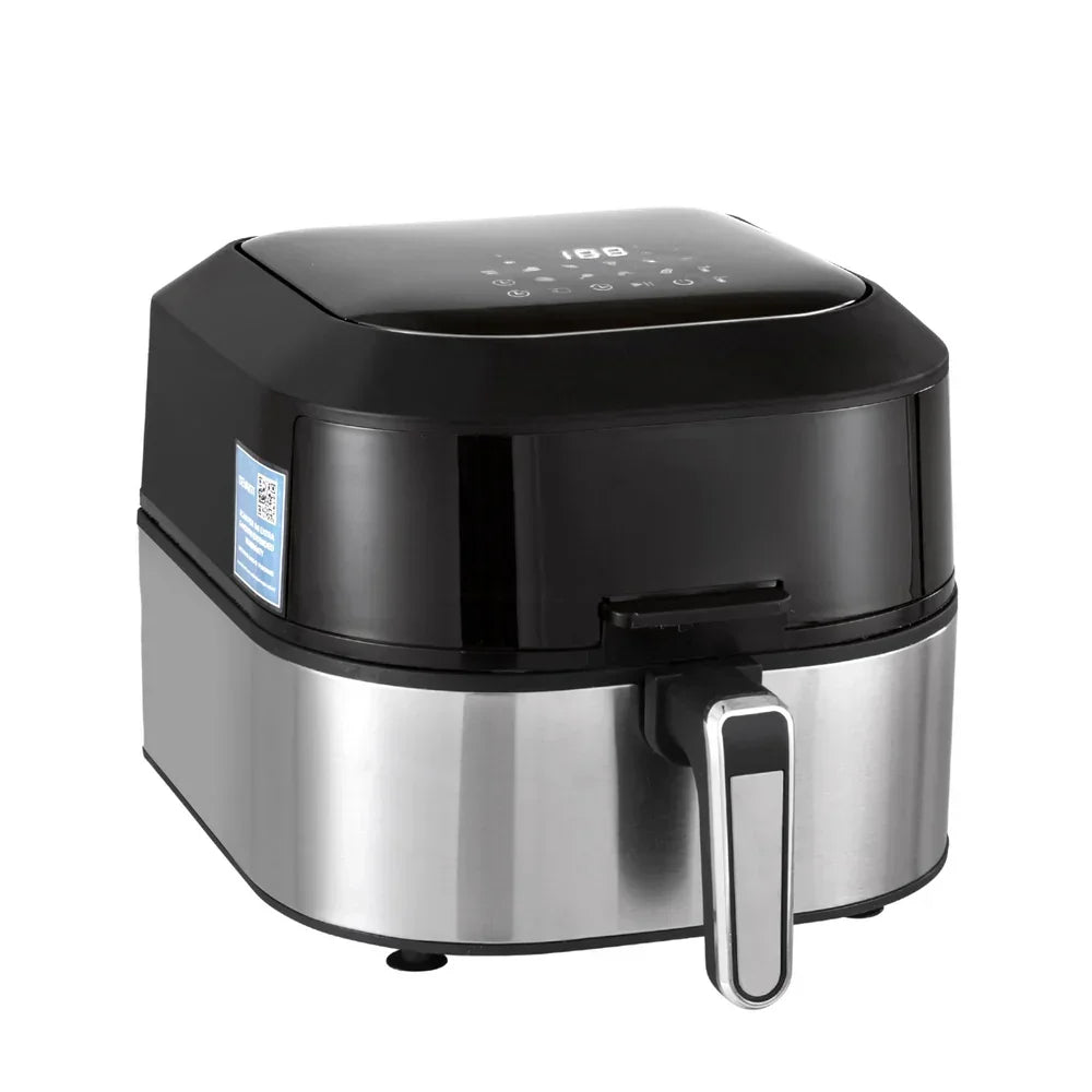Stainless steel air fryer with digital touchscreen and black lid on a white background