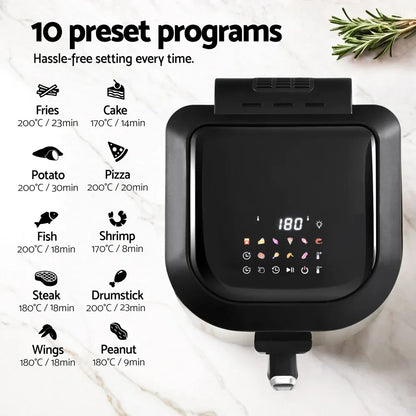 Digital air fryer with 10 preset cooking programs and touchscreen display on marble surface.