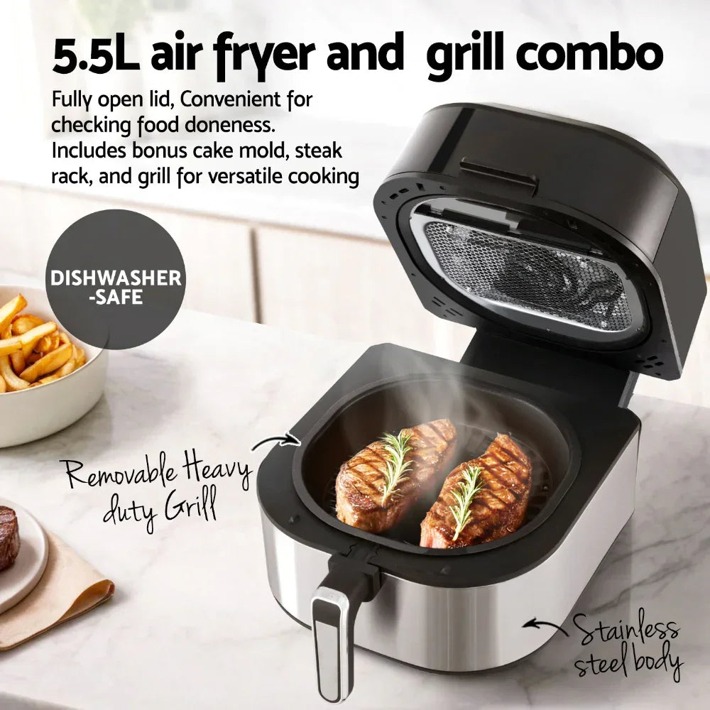5.5L air fryer and grill combo with stainless steel body, removable grill, and steaks inside