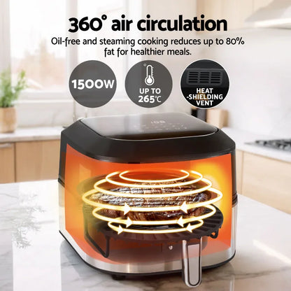 Black air fryer with 360-degree air circulation, 1500W power, digital display, and heat-shielding vent on kitchen counter.