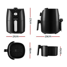 Black air fryer with dimensions 27cm height, 21cm width, 29cm depth, shown from different angles.