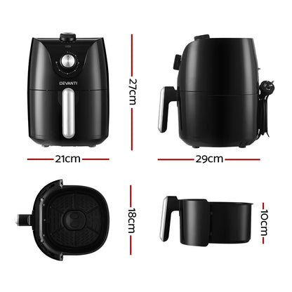 Black air fryer with dimensions 27cm height, 21cm width, 29cm depth, shown from different angles.