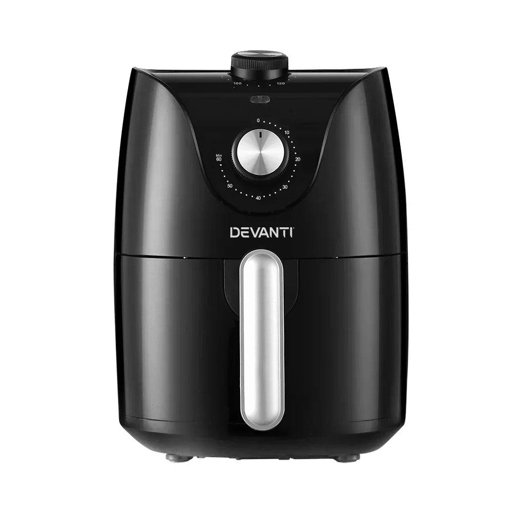 Black Devanti air fryer with silver handle and manual temperature dial on white background