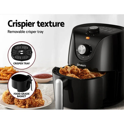 Black air fryer with fried chicken, crisper tray and food-grade basket, near dipping sauce.