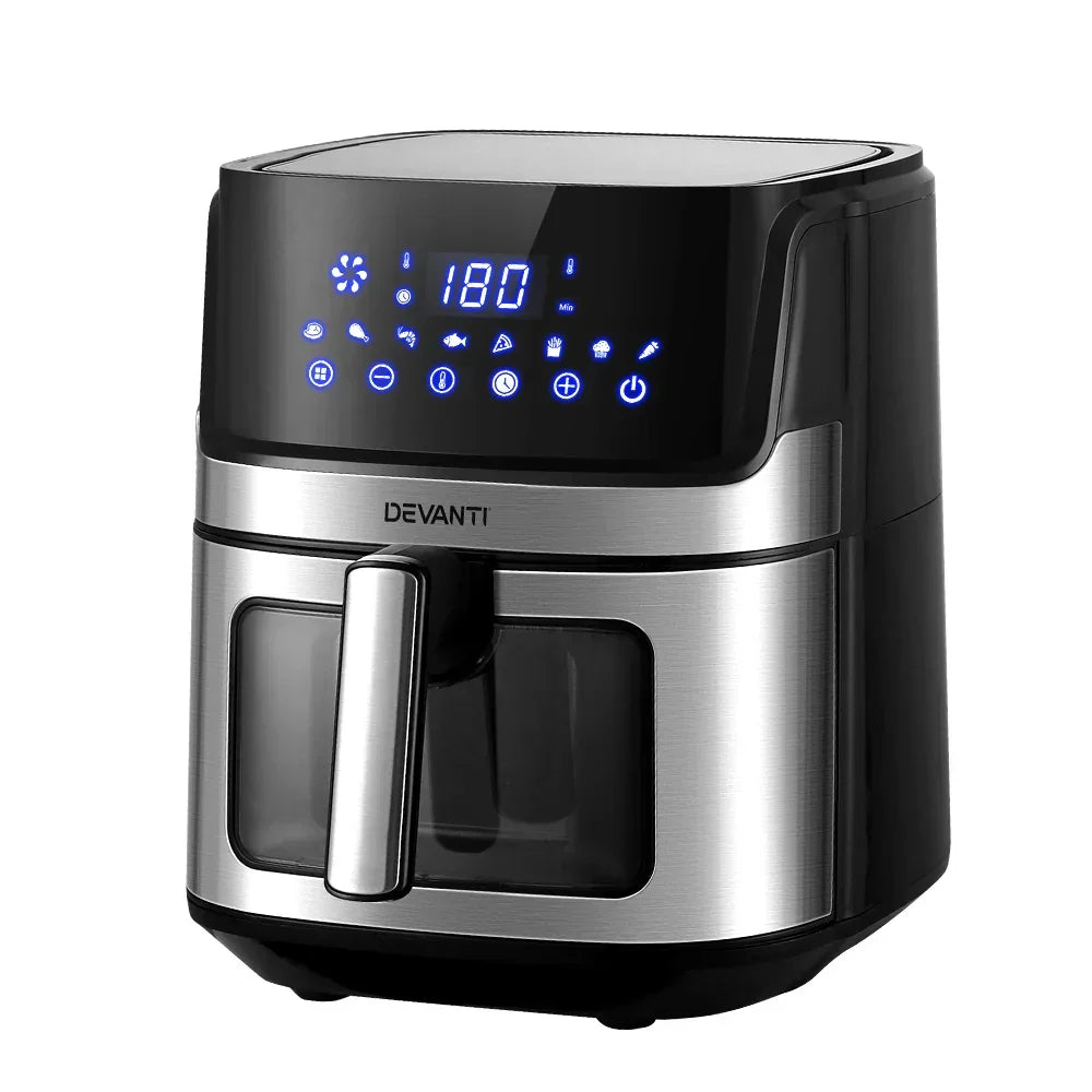 Stainless steel digital air fryer with blue LED touch controls and viewing window